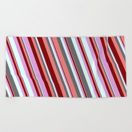 [ Thumbnail: Colorful Dim Gray, Light Coral, Maroon, Plum, and Light Cyan Colored Stripes/Lines Pattern Beach Towel ]