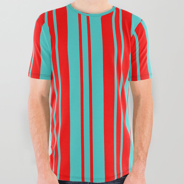Turquoise & Red Colored Lines Pattern All Over Graphic Tee