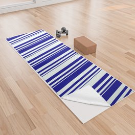 [ Thumbnail: Dark Blue and Mint Cream Colored Striped Pattern Yoga Towel ]