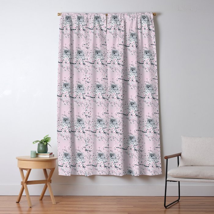 Cute Owl And Cherry Blossoms Pink Gray Blackout Curtain By