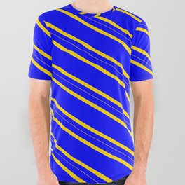 [ Thumbnail: Blue and Yellow Colored Lines Pattern All Over Graphic Tee ]
