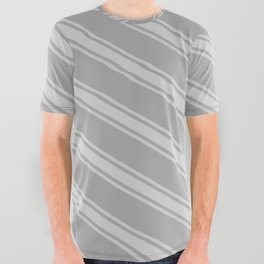 [ Thumbnail: Dark Gray & Light Gray Colored Stripes/Lines Pattern All Over Graphic Tee ]