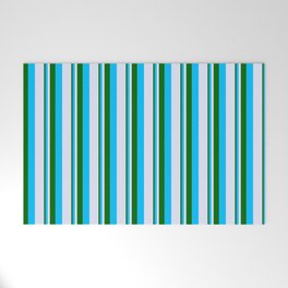 [ Thumbnail: Dark Green, Deep Sky Blue & Lavender Colored Lined/Striped Pattern Welcome Mat ]