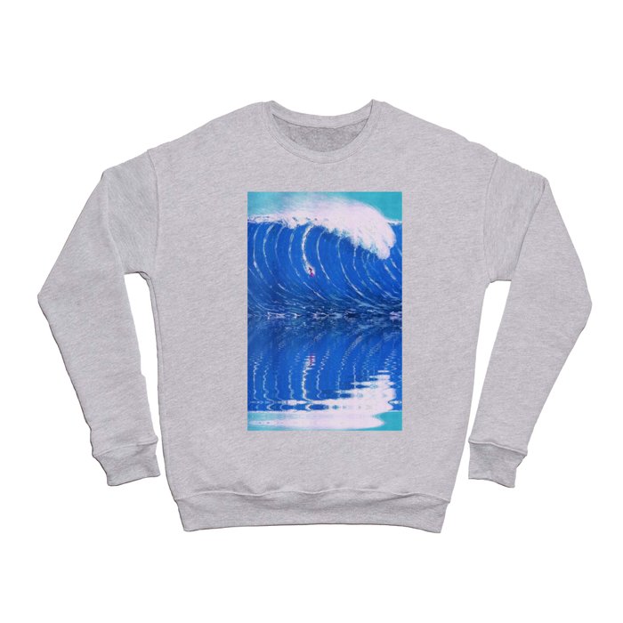 Extreme surfing pipeline wave with mirrored reflection oregon, hawaii, florida, portugal, nazare, honolulu surfer landsccape painting in ocean blue Crewneck Sweatshirt