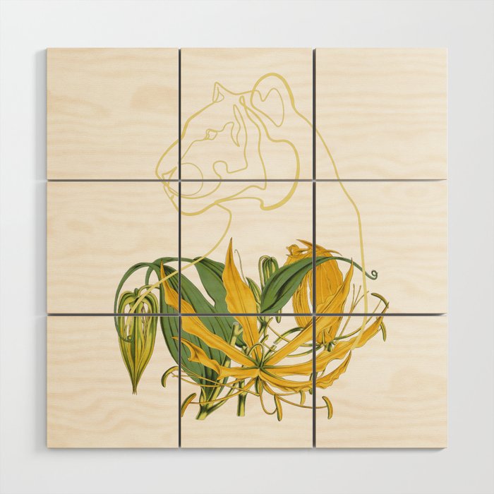 Yellow Lily Line Art Turned Tiger Head Wood Wall Art