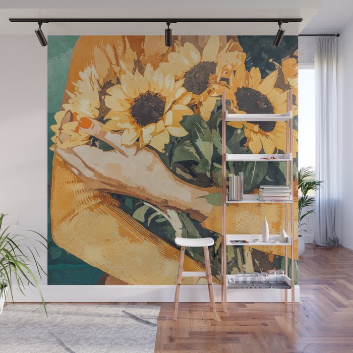 Holding Sunflowers Society6 Illustration Nature Painting Wall