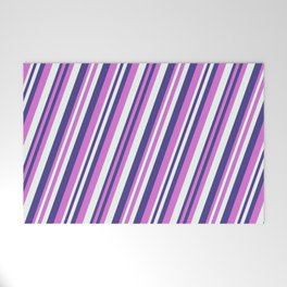 [ Thumbnail: Dark Slate Blue, Orchid, and Mint Cream Colored Pattern of Stripes Welcome Mat ]