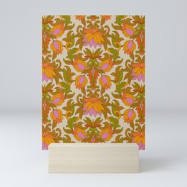 Orange, Pink Flowers and Green Leaves 1960s Retro Vintage Pattern Mini Art Print