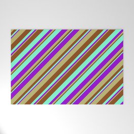 [ Thumbnail: Aquamarine, Dark Violet, Dark Khaki, and Brown Colored Stripes/Lines Pattern Welcome Mat ]