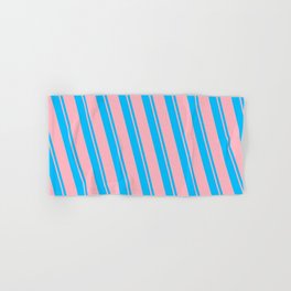 [ Thumbnail: Deep Sky Blue and Light Pink Colored Striped/Lined Pattern Hand & Bath Towel ]