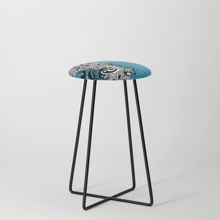 Blue Denim Abstract With Black And White Tribal Overlay Counter Stool
