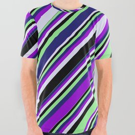 [ Thumbnail: Vibrant Dark Violet, Lavender, Black, Light Green & Midnight Blue Colored Lines Pattern All Over Graphic Tee ]