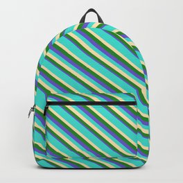 [ Thumbnail: Turquoise, Beige, Forest Green, and Slate Blue Colored Lines/Stripes Pattern Backpack ]