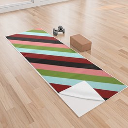 [ Thumbnail: Eyecatching Light Coral, Green, Turquoise, Maroon & Black Colored Striped/Lined Pattern Yoga Towel ]