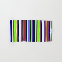 [ Thumbnail: Colorful Brown, Medium Slate Blue, Blue, Chartreuse & Light Cyan Colored Striped/Lined Pattern Hand & Bath Towel ]