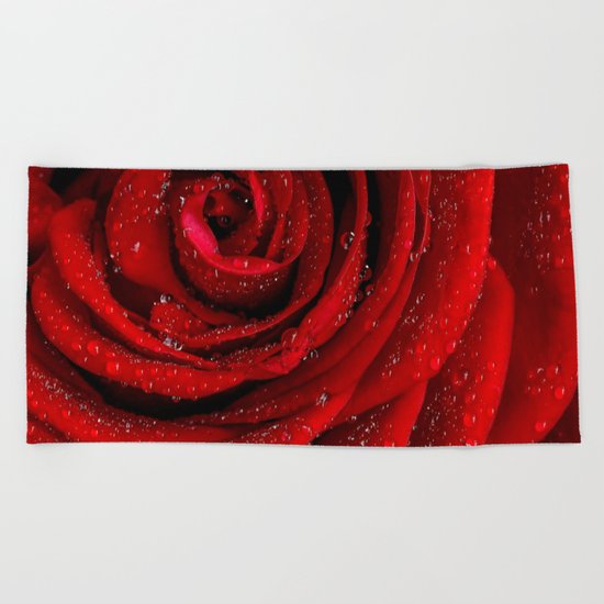 Red rose with sparkling droplets- Beautiful elegant Roses Beach Towel