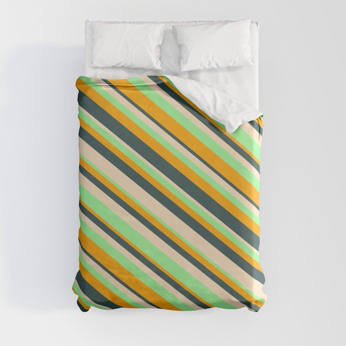 Orange, Dark Slate Gray, Bisque, and Green Colored Lined/Striped Pattern Duvet Cover