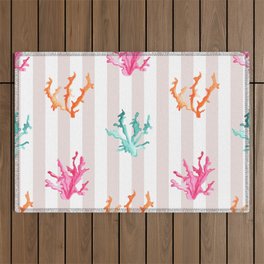 Colorful Coral Reef on Pastel Pink Stripes Outdoor Rug