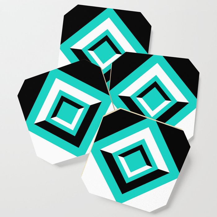 Teal Black and White Diamond Shapes Digital Illustration - Artwork Coaster