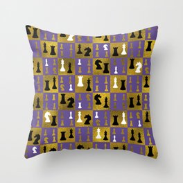 Violet Chessboard and Chess Pieces pattern Throw Pillow