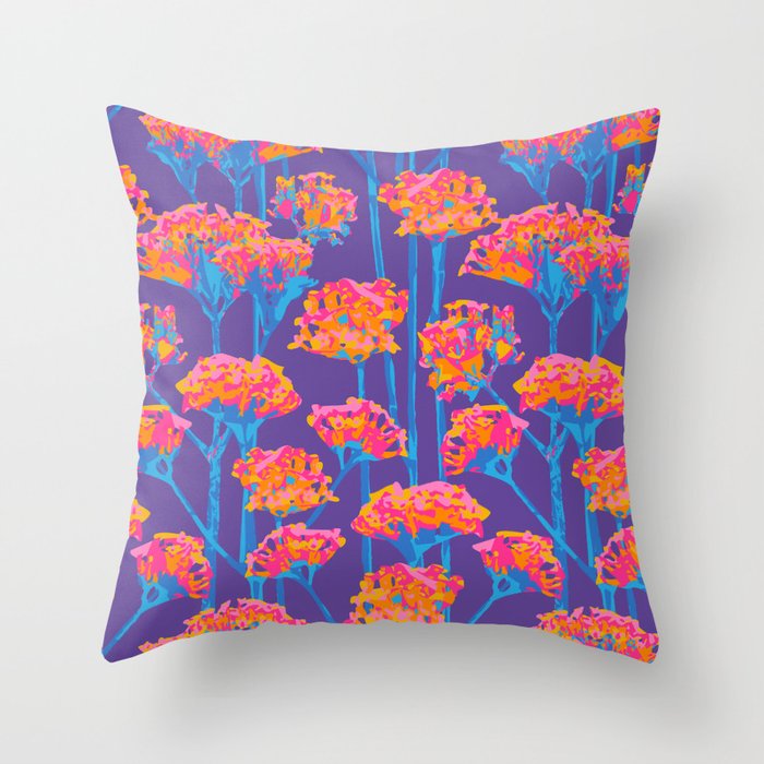 SUNSHINE-Y Abstract Floral Summer Bright Botanical in Fuchsia Pink Orange Blue on Purple - UnBlink Studio by Jackie Tahara Throw Pillow