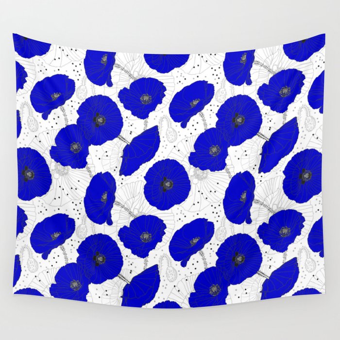 Cobalt Blue Poppies Pattern Wall Tapestry