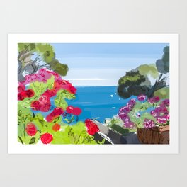 Beautiful terrace view of the sea and flower gardens in Ravello, Amalfi Coast in Italy Art Print