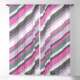 [ Thumbnail: Eyecatching Deep Pink, Dark Slate Gray, Plum, White & Black Colored Lines Pattern Sheer Curtain ]