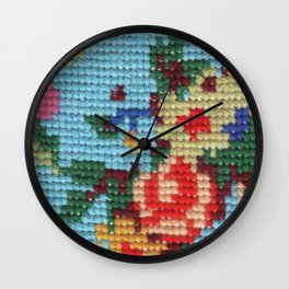needlepoint flowers & cat Wall Clock
