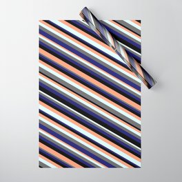 [ Thumbnail: Vibrant Black, Light Salmon, Light Cyan, Dim Gray, and Midnight Blue Colored Lines Pattern Wrapping Paper ]