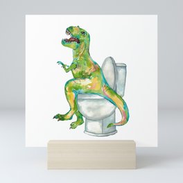T-rex in the bathroom dinosaur painting Mini Art Print