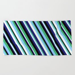 [ Thumbnail: Eye-catching Sea Green, Light Sky Blue, Mint Cream, Midnight Blue, and Black Colored Lined Pattern Beach Towel ]