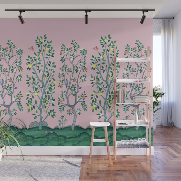 Citrus Grove Chinoiserie Mural in Pink Wall Mural