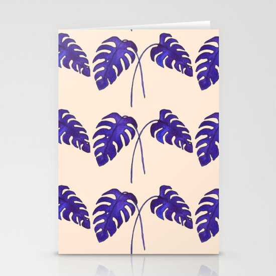 Indigo Monstera Leaf Watercolor on Blush Stationery Cards