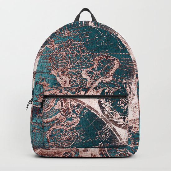 Antique World Map Pink Quartz Teal Blue by Nature Magick Backpack