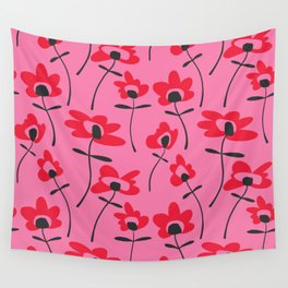 Red Poppies on Pink Wall Tapestry