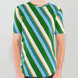 [ Thumbnail: Vibrant Teal, Light Sky Blue, Dark Green, White, and Orange Colored Pattern of Stripes All Over Graphic Tee ]