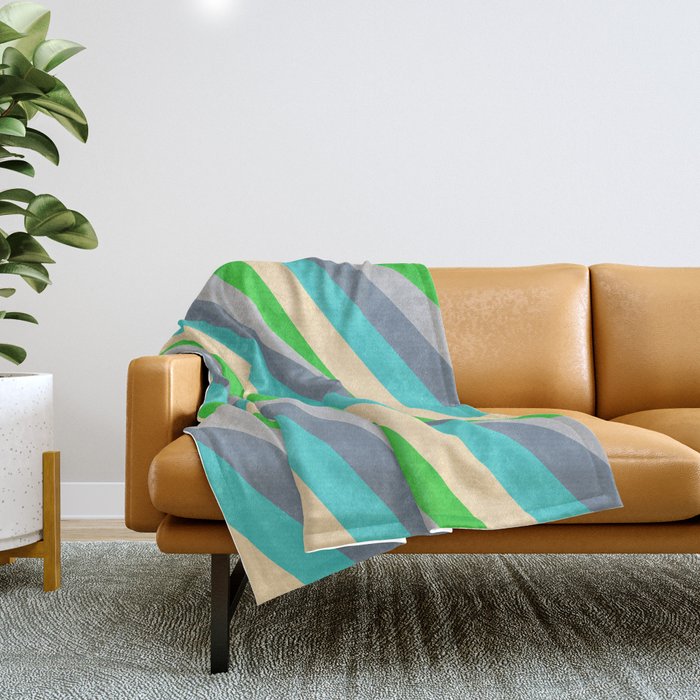 Eyecatching Grey, Light Slate Gray, Turquoise, Beige & Lime Green Colored Stripes/Lines Pattern Throw Blanket