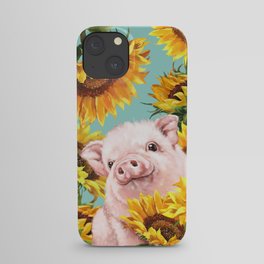 Baby Pig with Sunflowers in Blue iPhone Case