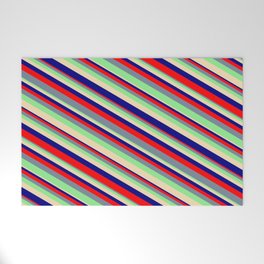 [ Thumbnail: Tan, Blue, Red, Light Slate Gray, and Light Green Colored Stripes/Lines Pattern Welcome Mat ]