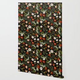 Vintage & Shabby Chic - Tropical Midnight Strawberries Botanical Flower Garden Wallpaper