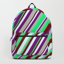 [ Thumbnail: Vibrant Green, Maroon, Light Cyan, Purple, and Grey Colored Lines Pattern Backpack ]