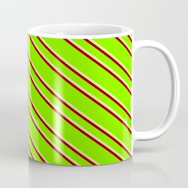 [ Thumbnail: Green, Tan & Dark Red Colored Striped Pattern Coffee Mug ]