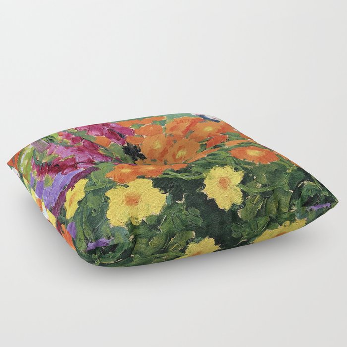 Floral Garden of Iris, Marigold, and Pansies still life floral portrait painting by Emil Nolde Floor Pillow