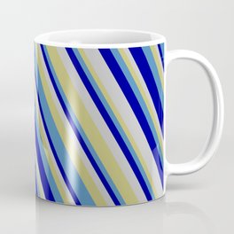 [ Thumbnail: Dark Khaki, Blue, Dark Blue & Grey Colored Lines/Stripes Pattern Coffee Mug ]