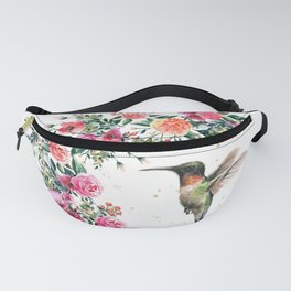 Hummingbird and Flowers Watercolor Animals Fanny Pack | Pattern, Ruby Throated, Pink, Ink, Painting, Green, Passionflowers, Animal, Drawing, Bird 