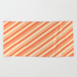 [ Thumbnail: Coral & Tan Colored Lines/Stripes Pattern Beach Towel ]