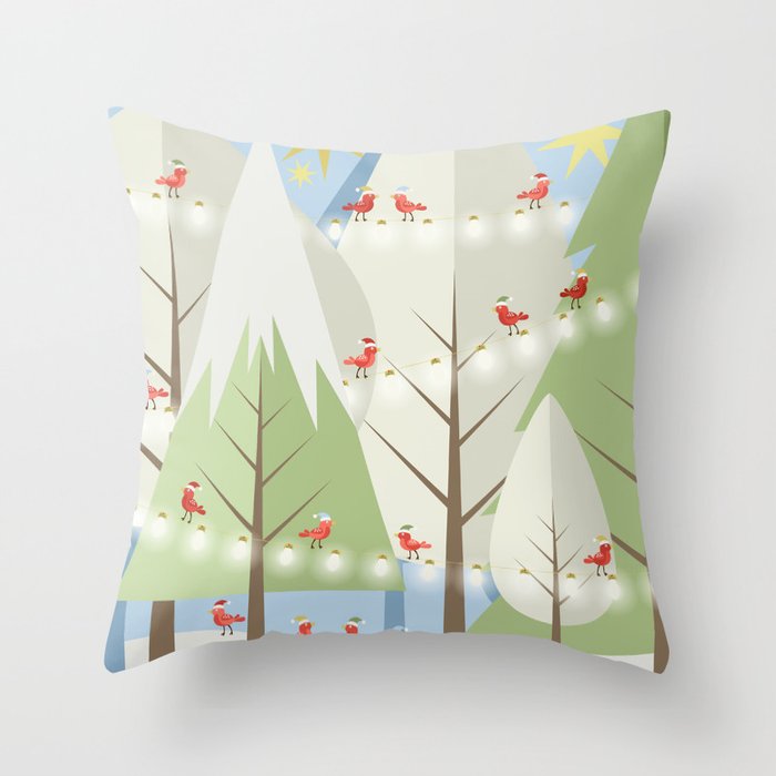 Holiday Winter Scene with Red Bird Santas and Glowing Lights in a Christmas Tree Forest Throw Pillow