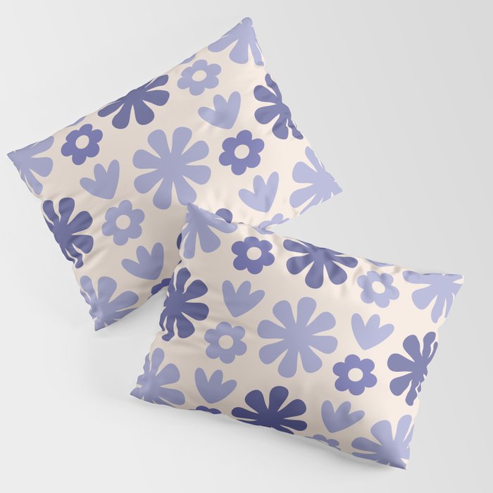 Scandi Floral Grid Retro Flower Pattern in Periwinkle Purple Tones and Cream Pillow Sham
