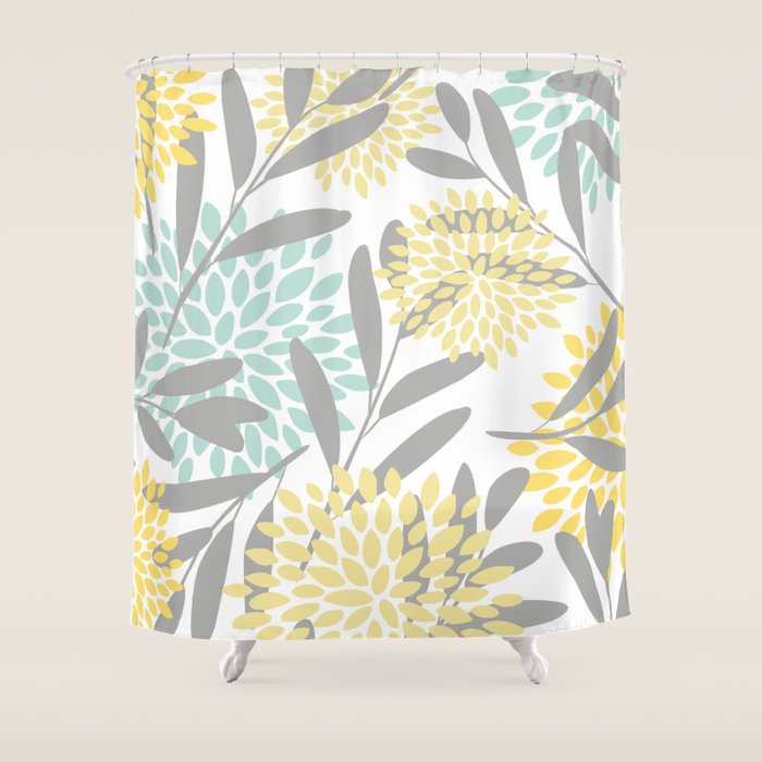 Floral Prints, Leaves and Blooms, Gray, Yellow and Aqua Shower Curtain by Megan Morris Society6